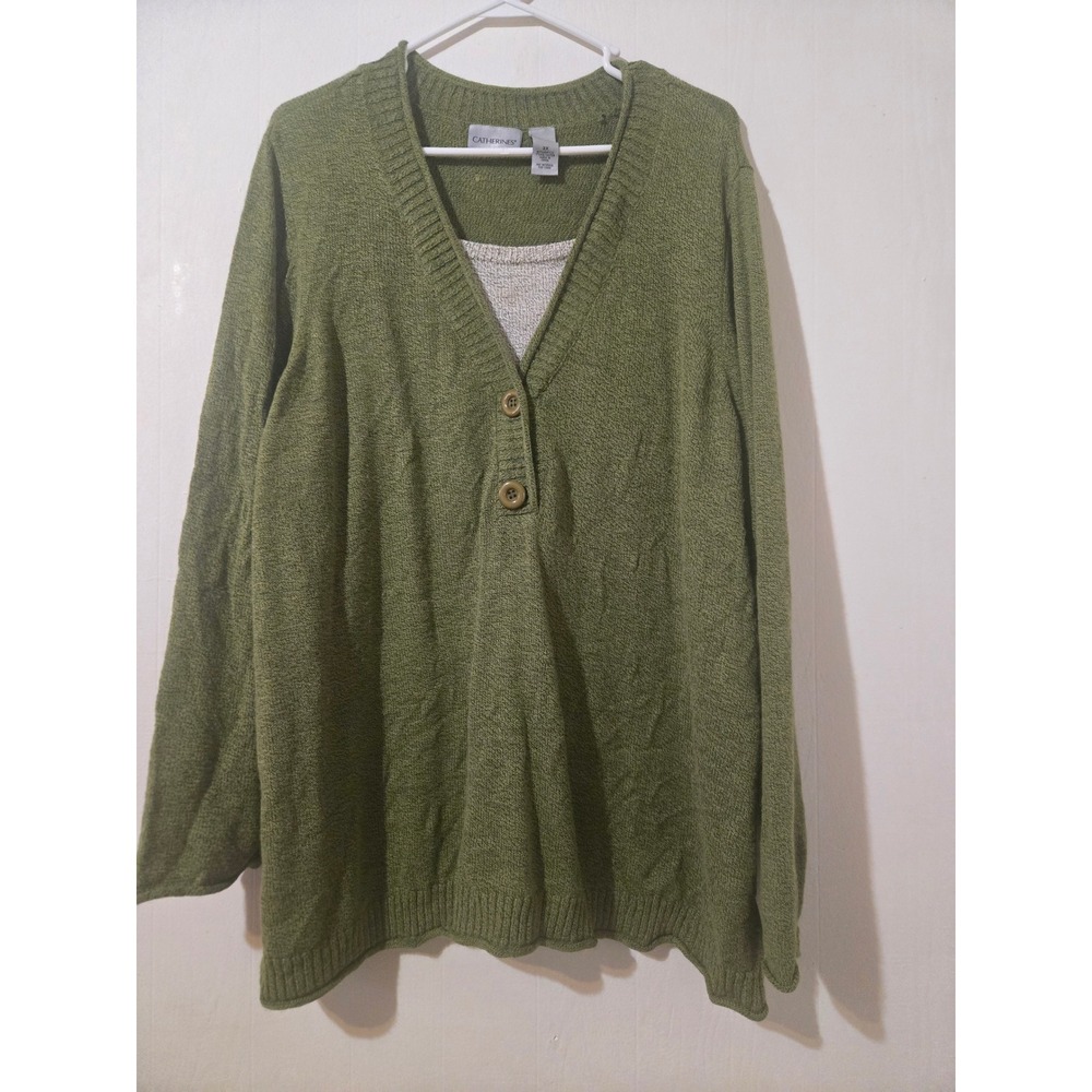 Catherines Womens 3X Olive Green Layered Look V-Neck Pullover Sweater Knit Plus